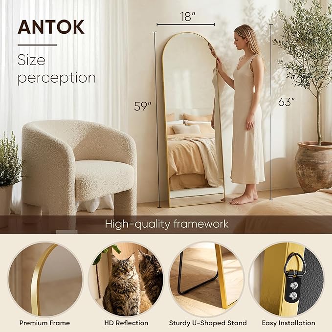 Antok Full Length Mirror, 59"x18" Floor Mirror, Arched Floor Standing Freestanding Arch Full Body Mirrors with Stand for Bedroom, Hanging Mounted for Living Room Cloakroom,Gold