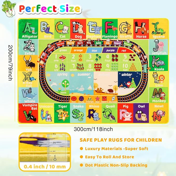 ABC Kids Rug for Playroom - 78.7" 118" Baby Play Mat Alphabet Animal Number Shape Classroom Rug