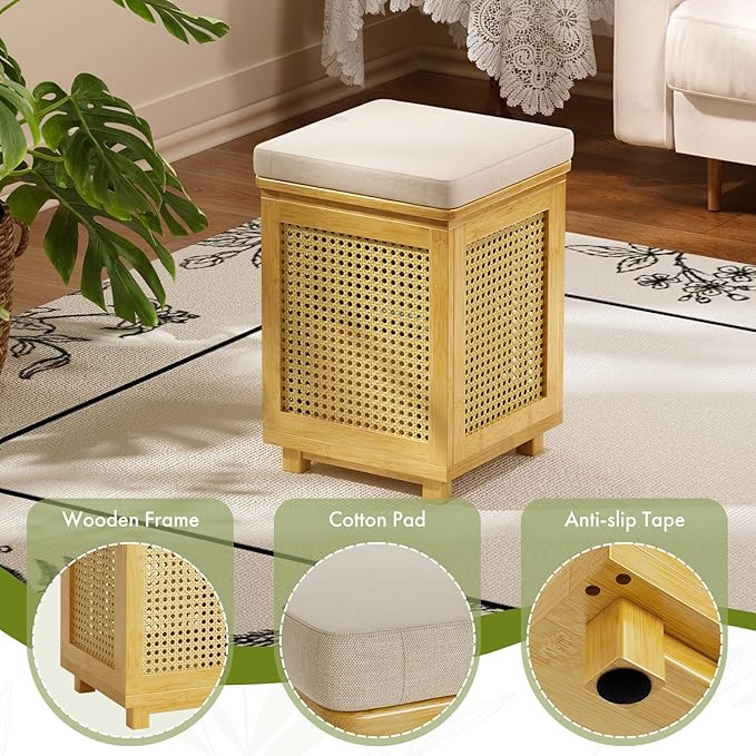 End Table for Living Room, Small Side Table with Storage, Bamboo Rattan Weave with Removable Cushion Top, Multifunctional Nightstand Ottoman Footrest Seat & Organizer for Bedroom, Office