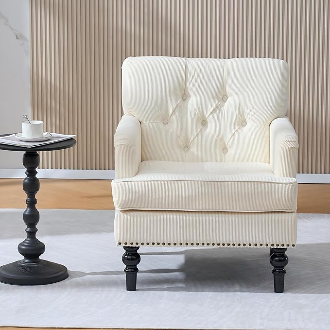 KEIKI Tufted Upholstered Accent Chair for Bedroom and Living Room, Button Tufted Club Chair with Corduroy Fabric, Fixed High Backrest, Rolled Arms and Studded Trim, Mid-Century Modern Reading Chair