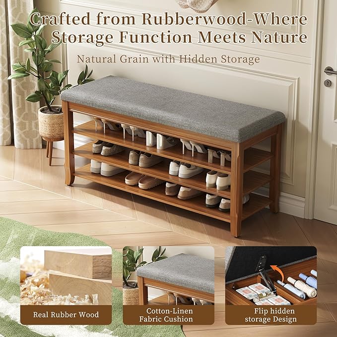 Solid Wood Shoe Bench with Storage, Flip-Top Soft-Close Lid, Adjustable Shelves, Cushioned Entryway Shoe Rack Organizer, 31.5”