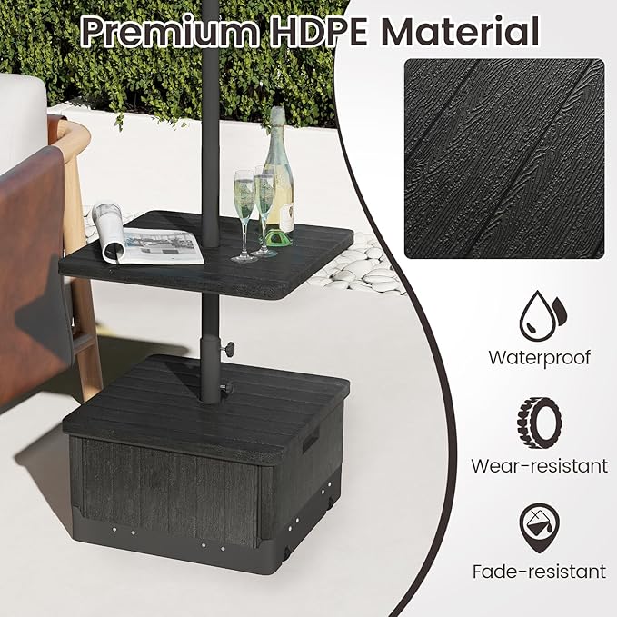 Tangkula 3-in-1 Patio Umbrella Base, 175 LBS Moveable Umbrella Stand w/Table Tray & Weighted Bag, Side Handles, HDPE Frame, 2 Pole Adapters, Garden Coffee Table Planter Box (Black)