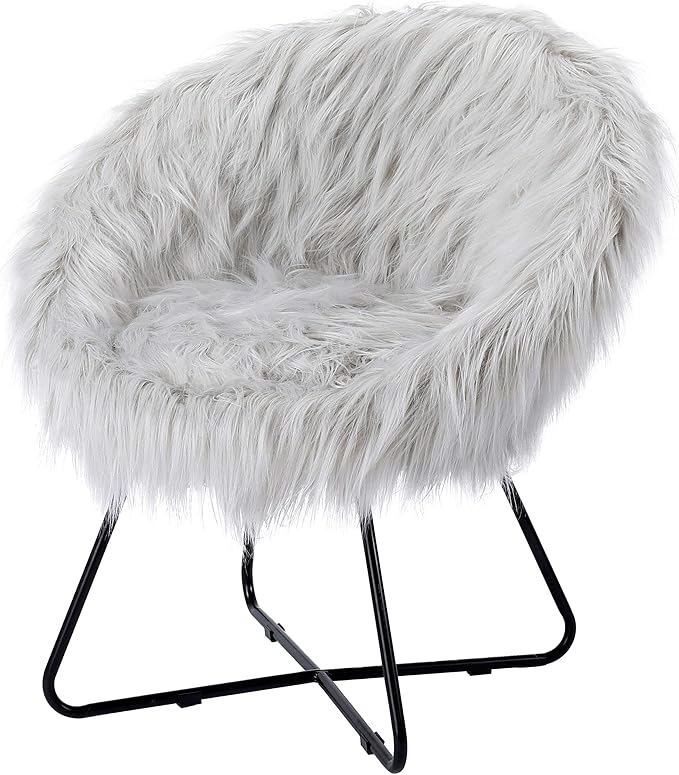 BIRDROCK HOME Faux Fur Papasan Chair with Black Legs - Luxuriously Soft & Lightweight - Wide Cushion Seat for Playroom, or Living Room - Moon Chair - Metal - Fluffy Round Seat - Circle - Grey