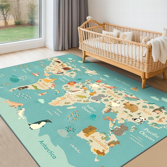 Washable Large Kids Room Rug with Animal – 6x9 Educational World Map Play Mat for Bedroom – Non-Slip, Stain Resistant, Soft & Safe for Baby, Playroom Essentials - Blue Ocean