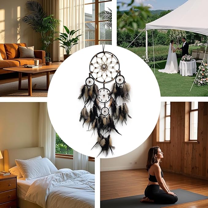 Large Dream Catcher Wall Decor Brown and Black Dream Catchers with Tree of Life Pendant Bead Handmade Feather Dreamcatcher Wall Hanging Ornament for Bedroom Living Room Home Decor