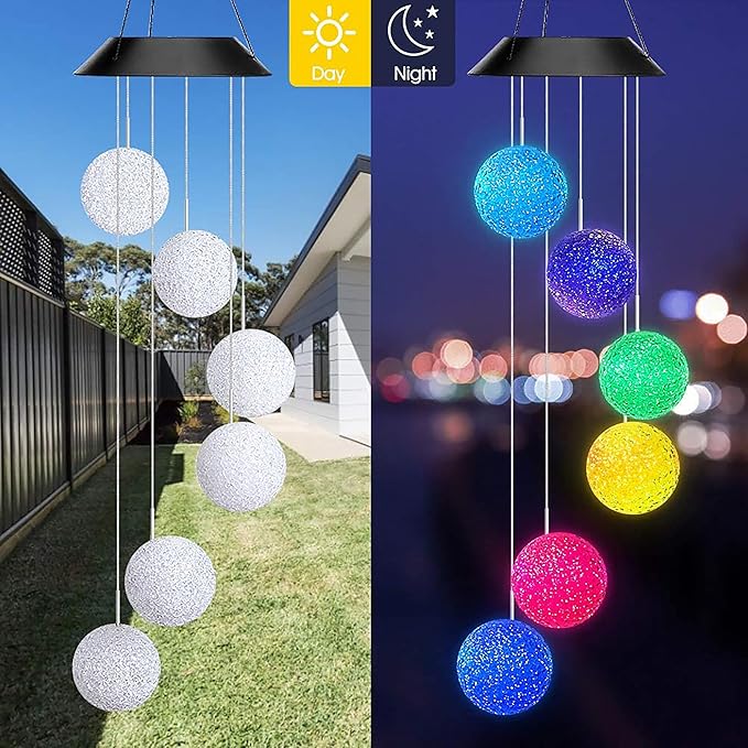 AceList Color Changing Solar Power Wind Chime Crystal Ball Wind Chime Wind Mobile Portable Waterproof Outdoor Windchime Light for Patio Yard Garden Home