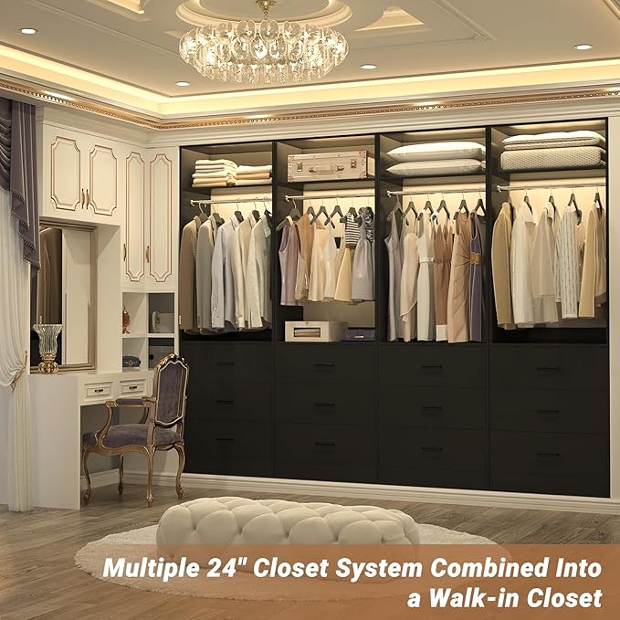 Freestanding 2FT Closet System with 3 Wood Drawers, 24" Closet Organizer System with Hanging Rod & Shelves, Walk-in Closet Systems for Small Closets, Black (24"L x 15" W x 80" H)