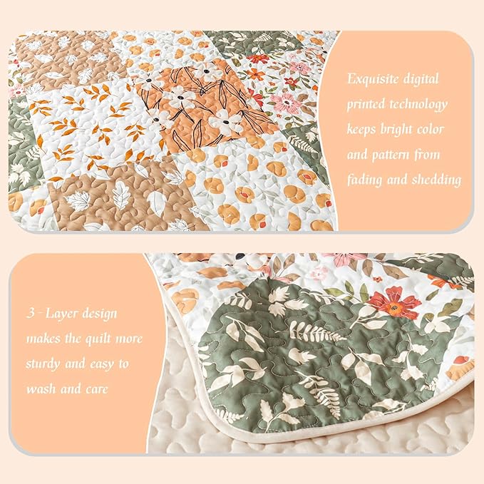 Whale Flotilla Patchwork Quilt King Size, Extra Soft Boho Floral Bedspreads for Bed Reversible Lightweight King Quilt Bedding Set Printed Coverlets with 2 Pillow Shams for All Seasons, Orange
