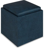 SIMPLIHOME Rockwood Cube Storage Ottoman with Tray - 17 inch Wide Upholstered Vegan Leather Square Storage Ottoman in Distressed Dark Blue, Contemporary Cube Ottoman for Living Room with Serving Tray