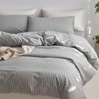 MooMee Striped Duvet Cover Set 100% Washed Cotton Linen Like Textured Breathable Durable Soft Comfy (Light Grey White Wide Stripes, Cal King 104"x98")