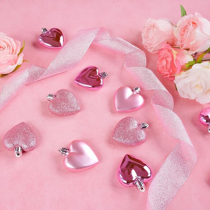 XmasExp Valentines Day Decor Heart Ornaments for Christmas Tree Decorations Set of 24 Pink Heart Shaped Bauble Perfect for Valentine's Day Wedding Anniversaries and Party Supplies（Pink）