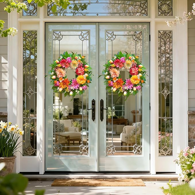Spring Wreath 24 Inch Summer Wreaths for Front Door with Dahlia and Greenery, Wreath for All Seasons,Spring and Summer Wreaths for Front Door Outside or Indoor