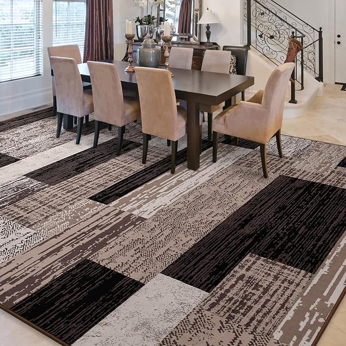 FlyDOIT Modern Geometric Patchwork Area Rug, 6x9 Chocolate Large Rugs for Living Room, Rockwood Collection Indoor Rugs for Bedroom, Throw Carpet Floor Decor for Entryway Dining Room Office Nursery