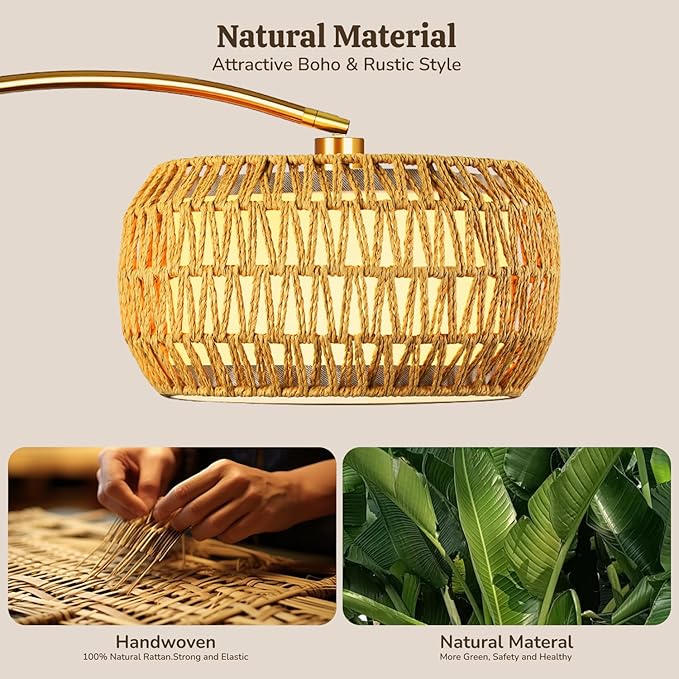 Gold Floor Lamps for Living Room, Arc Floor Lamp with Remote & Dimmable Bulb, Boho Standing lamp with 3 Color Temperatures, Adjustable Rattan & Fabric Shades Tall Lamp, Over Couch Reading Lamp