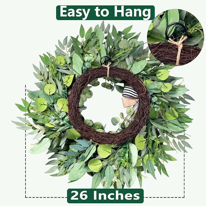 26'' Large Wreaths for Front Door Year Round, Spring Summer Artificial Green Eucalyptus Wreath with Buffalo Burlap Bow, Farmhouse Home Decor for Window Porch Holiday Housewarming