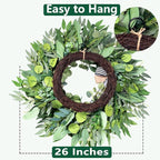 26'' Large Wreaths for Front Door Year Round, Spring Summer Artificial Green Eucalyptus Wreath with Buffalo Burlap Bow, Farmhouse Home Decor for Window Porch Holiday Housewarming