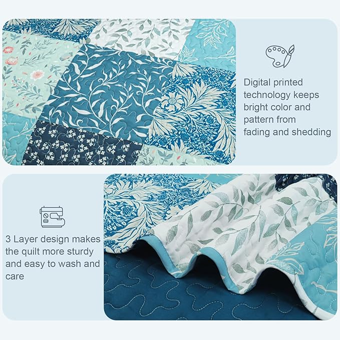 Exclusivo Mezcla Reversible Boho Quilts Queen Size, Navy Blue Bedspreads Lightweight Coverlet All Season Patchwork Quilt Bedding Set with Printed Floral Pattern (1 Quilt, 2 Pillow Shams)