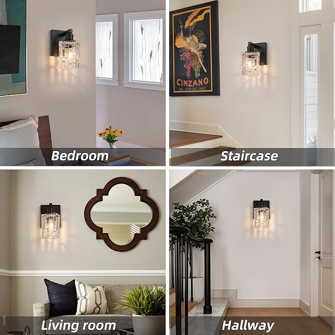 1 Light Matte Black Bathroom Vanity Light Over Mirror, Modern Vanity Lighting with Crystal Glass Shade, Wall Mount Bathroom Light Fixtures, E26 Base