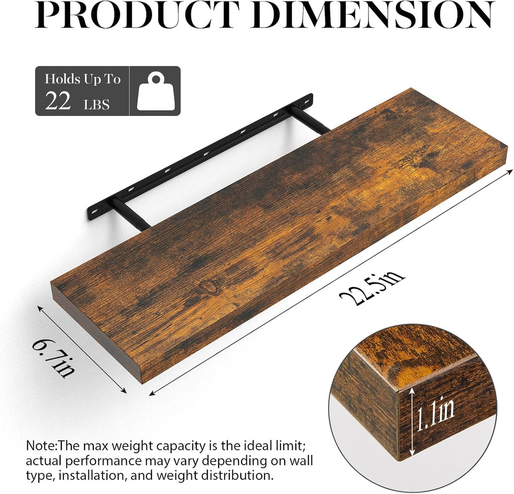 Rustic Wood Floating Shelves Set of 2 – 22.5" Wall Mounted Storage & Decor