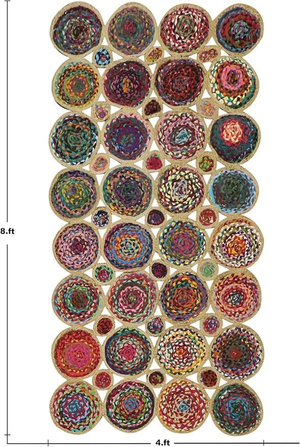 Scalloped Edge Rug, Hand Woven Natural Chindi Cotton and Jute Area Rug, 8x11 Ft Beige & Multicolor Braided Kilim Rugs for Living Room, Kitchen, Entryway, Farmhouse