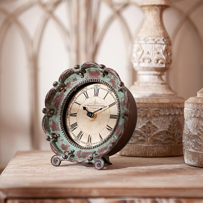 NIKKY HOME Table Top Clock, Vintage French Decorative Pewter Analog Desk Clock Battery Operated for Living Room Decor Shelf, Green
