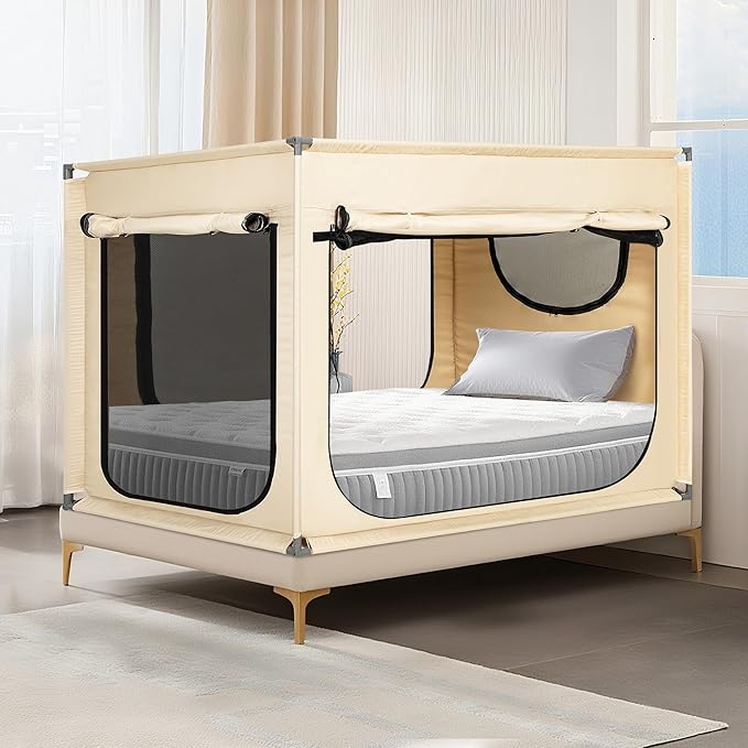 Bed Canopy Portable Blackout Bed Tent Privacy Tent for Adult Indoor Sleeping with 3 Doors, Storage Bag
