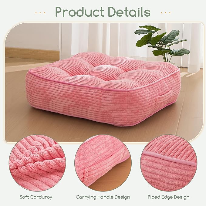 6" Washable Floor Pillow Cushion for Adults, Meditation Cushion Pillow, Large Square Floor Sitting, Removable Tufted Corduroy Cover, for Tatami Living Room or Yoga, 22x22 Inch, Machine Washable