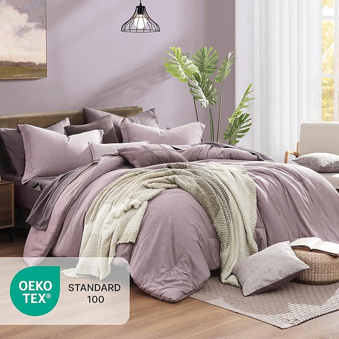 Monbix King Size Comforter Set, Lilac King Size Bedding Set Reversible, King Comforter Set 7 Pieces, Cationic Dyeing Bed in a Bag with Comforter, Sheets, Pillowcases & Shams