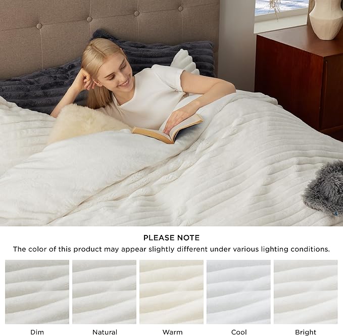 Bedsure Fluffy Duvet Cover Set - Ultra Soft Plush Shaggy Comforter Cover Queen Size, Warm Flannel Fleece Bed Sets for Winter, 3 Pieces (Striped Pattern, Coconut White)