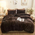 XeGe Plush Shaggy Brown Duvet Cover Set, Luxury Soft Velvet Fluffy Bedding Sets 3 Pieces(1 Furry Faux Fur Comforter Cover Queen Size+ 2 Fuzzy Faux Fur Pillowcases), Zipper Closure(Queen, Coffee)