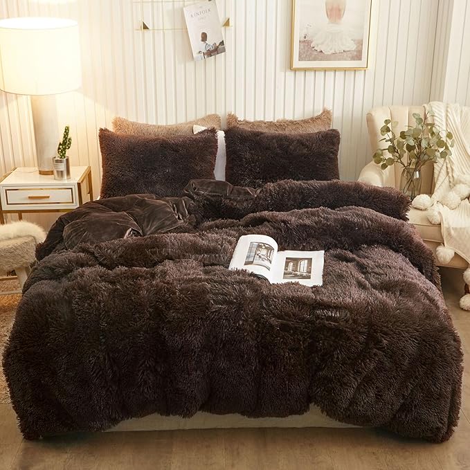 XeGe Plush Shaggy Brown Duvet Cover Set, Luxury Soft Velvet Fluffy Bedding Sets 3 Pieces(1 Furry Faux Fur Comforter Cover Queen Size+ 2 Fuzzy Faux Fur Pillowcases), Zipper Closure(Queen, Coffee)