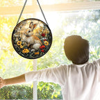 Stained Glass Window Hanging - Rabbit Flowers Suncatcher Ready to Hang Window Doors Home Decoration, Easter, Mother's Day Birthday Gifts for Women, Men, and Mom 9.8x9.8 in