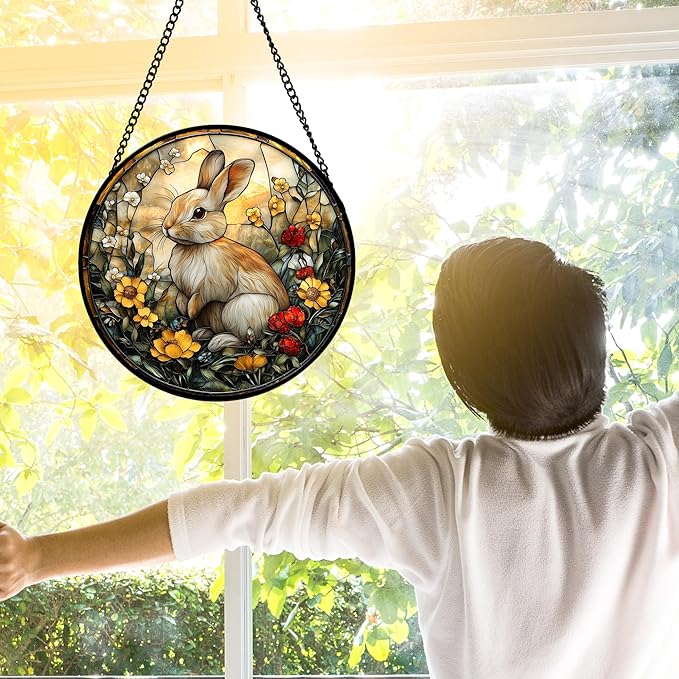 Stained Glass Window Hanging - Rabbit Flowers Suncatcher Ready to Hang Window Doors Home Decoration, Easter, Mother's Day Birthday Gifts for Women, Men, and Mom 9.8x9.8 in