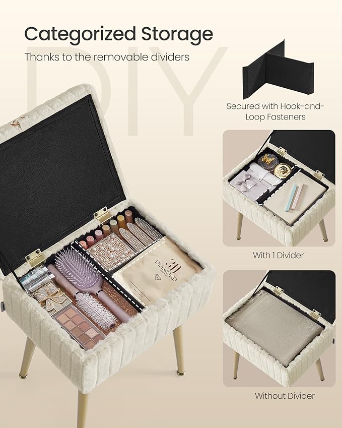 SONGMICS Vanity Stool Chair with Storage, Makeup Stool, Footrest Footstool Ottoman+H6:H29, Metal Legs, Adjustable Feet, for Living Room, Bedroom, Makeup Room, Cappuccino Beige ULOM505LZ02
