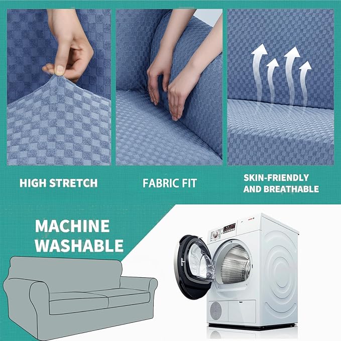 YEMYHOM Latest Checkered 3 Pieces Couch Covers for 2 Cushion Couch High Stretch Sofa Cover with 2 Extra Large Seat Cushion Covers Anti Slip Elastic Slipcovers (Light Blue), 71"-91"(2 Cushions)