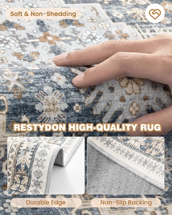 Washable Runner Rug 2.5x14, Non-Slip Long Kitchen Mats for Floor, Vintage Rug for Entryway, Soft Hallway Runner for Dining Room, Bedroom, Living Room(Blue/Beige,2.5'x14')