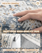 Carpet Runners for Hallway 12ft, Non-Slip Long Bathroom Rugs Runner for Kitchen, Bedroom, Soft Vintage Washable Rug for Entryway, Thin Floor Mat for Dining Room(Blue/Beige,2.5'x12')