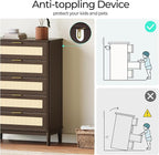 LINSY Rattan 5 Drawer Dresser for Bedroom, 46" Tall Mid-Century Modern Chest of Drawers, Deep Storage Dresser with Curved Corner Design, Large Accent Wood Cabinet for Bedroom, Walnut