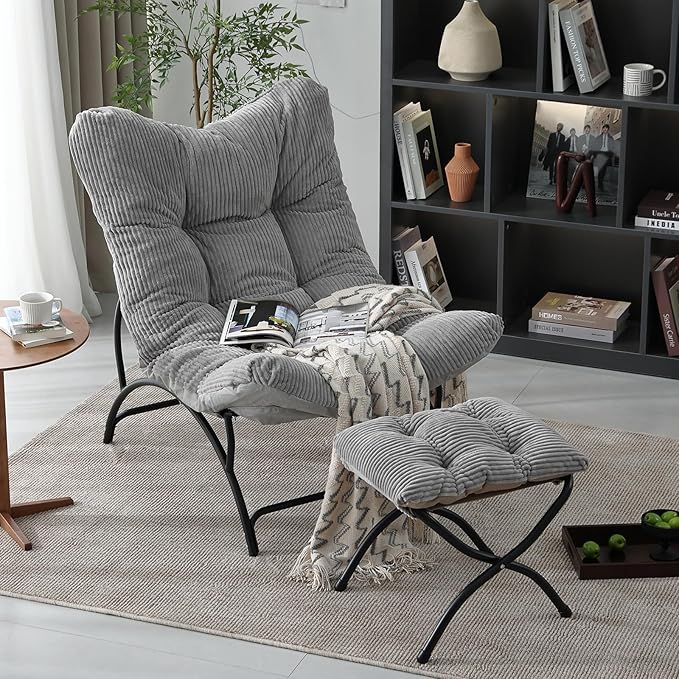 Welnow Modern Accent Chair with Ottoman, Upholstered Comfy Lounge Recliner Sofa, Thick Cushion Oversized Lazy Reading Chair with Footrest for Living Room, Bedroom, Apartment, Office, Dorm, Light Grey