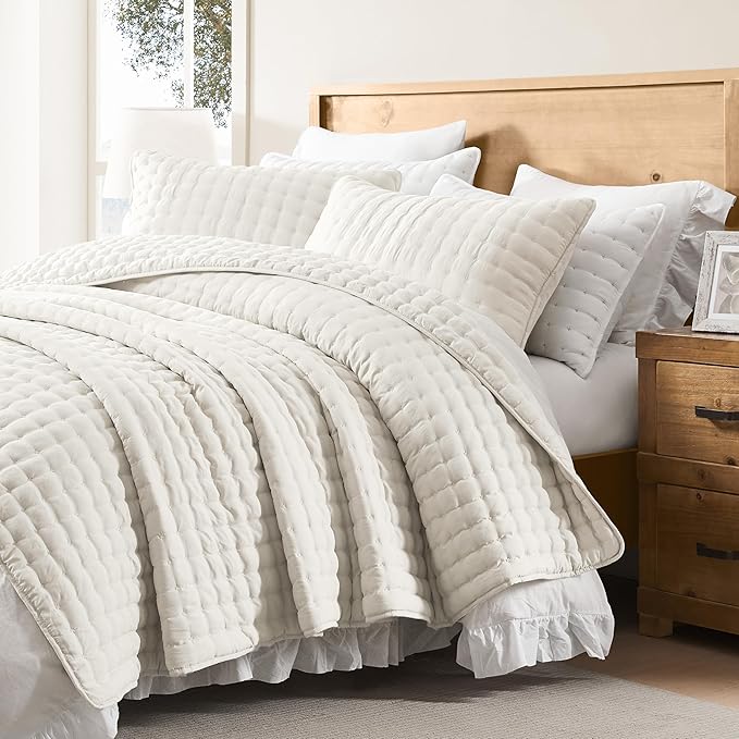 WDCOZY Ivory Queen Size Quilts Bedding Sets with 2 Pillow Shams, Lightweight Soft Bedspread Coverlet, Quilted Blanket Thin Comforter Bed Cover for All Season, 3 Pieces, 90x90 inches