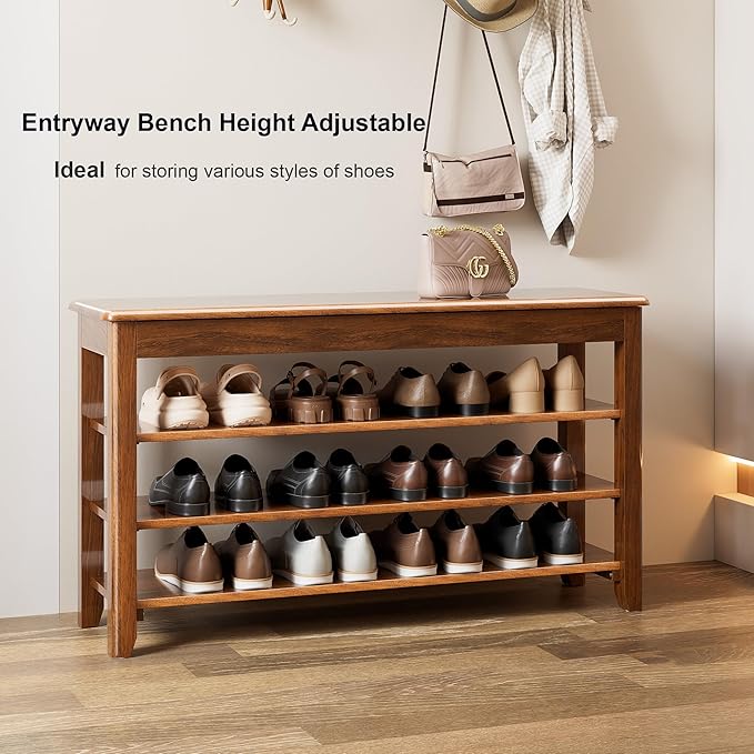 Shoe Storage Bench for Entryway - 4 Tier Shoe Rack for Front Door Entrance, Rubberwood Shoe Rack with Bench Height Adjustable, Entryway Bench with Shoe Storage for Any Room (Walnut, 39.4" W)
