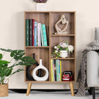 5 Cube Small Bookshelf,3 Tier Mid-Century Modern Bookcase with Legs,Wood Kids Bookshelves Storage Organizer Shelf,Free Standing Narrow Book Shelves,Oak Grey Corner Bookcases for Bedroom,Living Room
