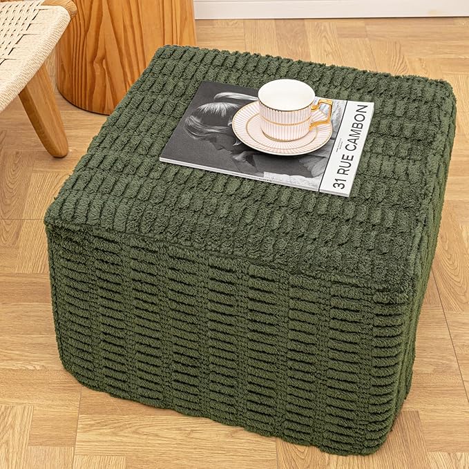 20x20x14 Inches Fluffy Square Pouf Ottoman - Plush Furry Ottoman Foot Rest Stool with High-Density Foam, Versatile Floor Seating for Living Room (Green)
