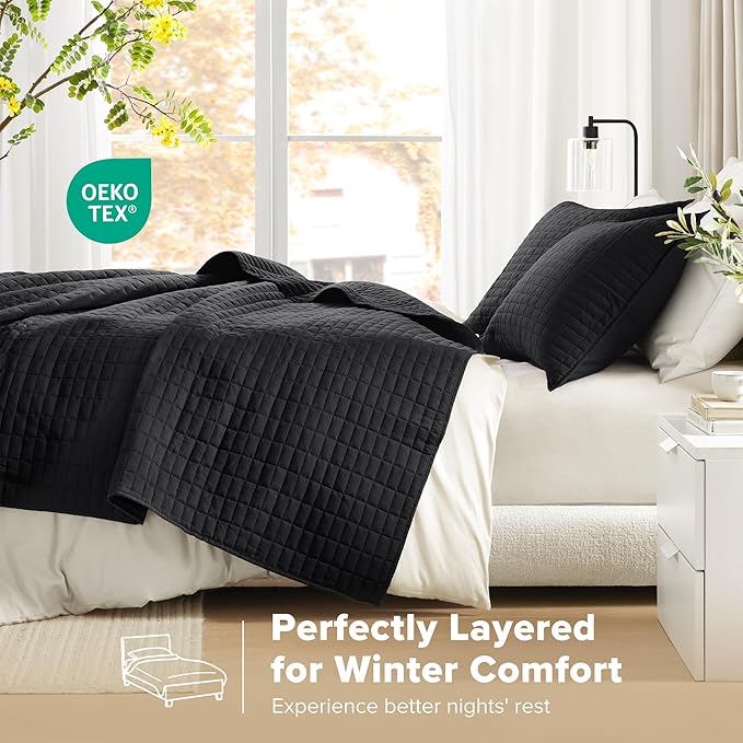 Comfort Spaces Kienna Quilt Set- Double Sided Stitching Design Summer Blanket, Lightweight, Soft, All Season Bedding Layer, Matching Sham, Black, Coverlet Full/Queen(90"x90") 3 Piece