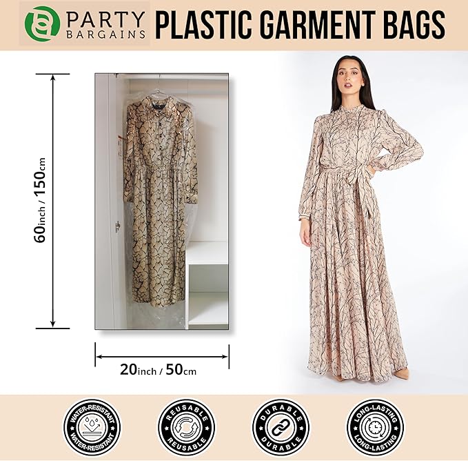 Party Bargains 60x20 Inch Clear Plastic Garment Bags, 50 Pack