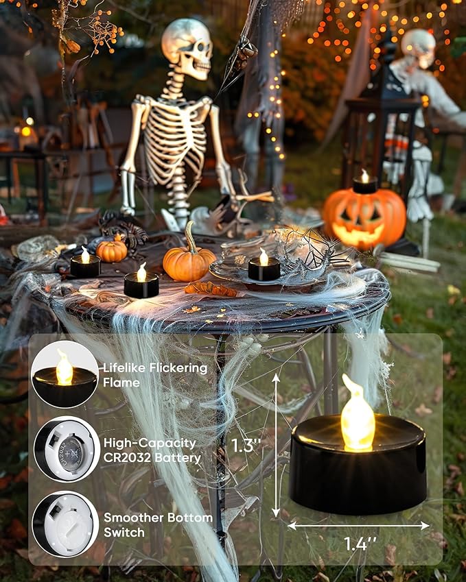 Black Candles, 24 Pack Tea Lights Candles Battery Operated, LED Tealight Candle, Flameless Votive Candle for Fall Holiday Decor, Theme Party -1.4" D X 1.3" H