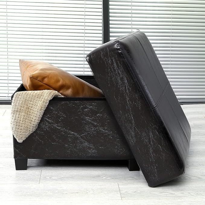 GLAXYFUR Folding Storage Bench, Cube PU Leather Footstool with Legs, Coffee Table, Ottoman with Storage for Living Room, 23.6 x 23.6 x15 Inches, Black
