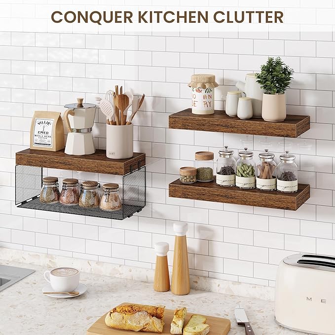 Bathroom Floating Shelves for Wall,16 inch Wall Mounted Floating Shelf Toilet Organizer and Storage,Small Farmhouse Decor Shelf,Rustic Brown,Set of 3