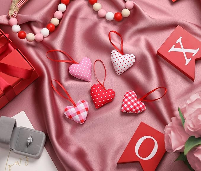 Valentines Hearts Ornaments,30 PCS Fabric Heart Shape Hanging,Baubles Hanging Ornaments for Valentines Tree,Anniversary Wedding,Party DIY Crafts 2 inch