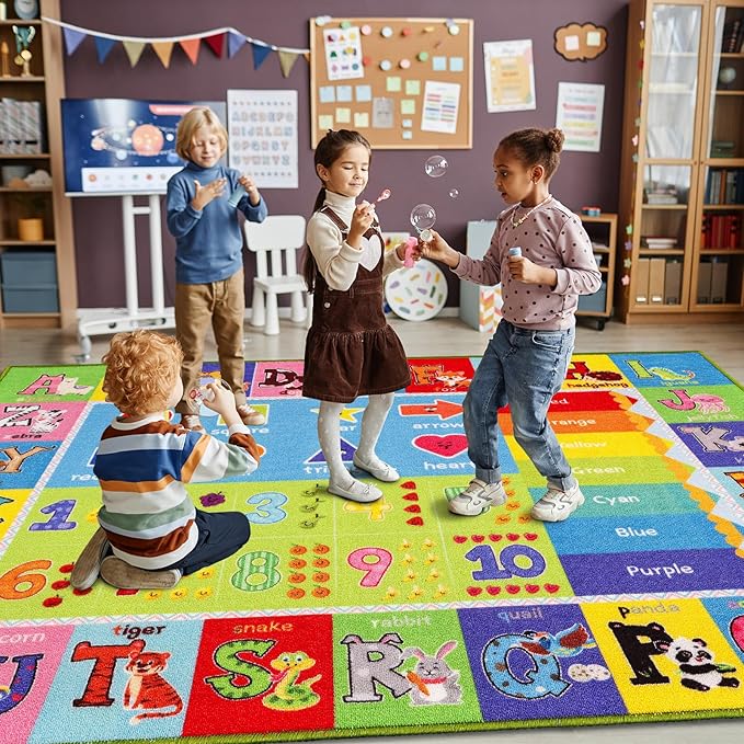 ABC Kids Rug, Kids Carpet for Playroom, Classroom Carpet with Anti-Slip Back, Educational Preschool Rugs with ABC, Numbers, Animals Colors, Shapes, Extra Large Thick (Style 5, 9'8" x 6'5")